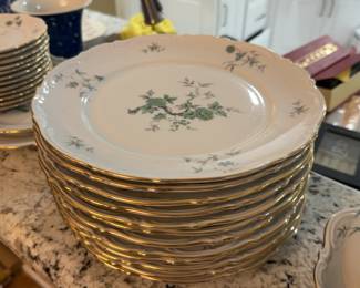 Mitterteich Porcelain Dinner Plates with Green Floral Pattern and Gold Trim from Bavaria, Germany (sold individually - 12 available)