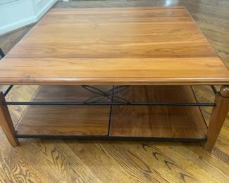 (Solid Teak w/ Wrought Iron) Custom One-of-a-kind Matching Coffee Table with Lower Shelf, from Côte d'Ivoire SODEFOR Plantation (43” x 17”), Mid-Late 20th Century