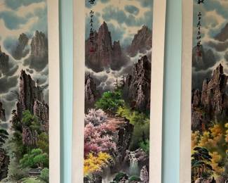 'Summer' (16" x 65") Original Asian Landscape Scroll Painting on Silk with Mountains and Pine Trees