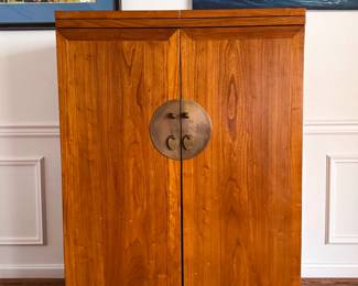 (CLOSED) One of a kind- Custom Handmade “Prosperity & Longevity” Chinese Mid-Century Modern Chinoiserie Dresser by Michael Taylor for Baker Furniture - Expandable Solid Wood Bar Cabinet with Wine Storage - 19” deep x 49” tall x 35” (closed) / 70” (open) wide