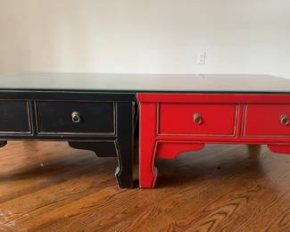 Set of 2 Asian Style Black and Red Lacquer Low Tables with Drawers and Glass Top (63” x 31” x 18”)