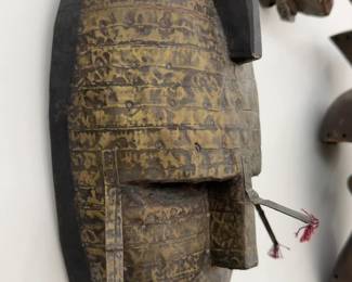 15” West African Ritual Mask with Horned Headdress From Mali / Guinea Coast Region, Mid-20th Century, Marka Style Brass-Plated
