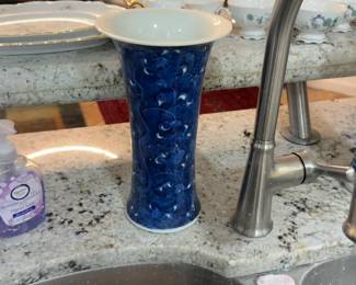 11.5” Blue and White Ceramic Floral Trumpet Vase