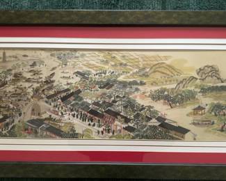 Framed Hand-Embroidered Chinese Panoramic Village Scene (50” x 21”)