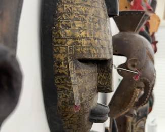 15” West African Ritual Mask with Horned Headdress From Mali / Guinea Coast Region, Mid-20th Century, Marka Style Brass-Plated