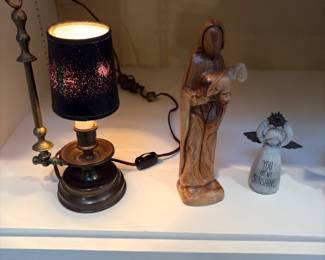 Brass candle lamp, wood carved shepherd