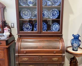 Beautiful Antique Furniture, Walnut Cylinder Roll Secretary, "Kyber" Flow Blue