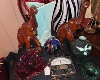 Murano glass ashtray, glass paperweights, Vintage meter, carved elephants 