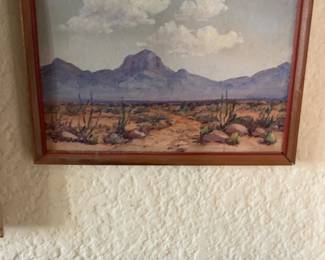 Framed Desert Landscape Oil Painting & Maritime Ship Sketch