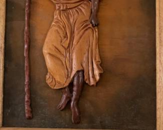 Vintage Framed Relief Carving of Woman Carrying Firewood
