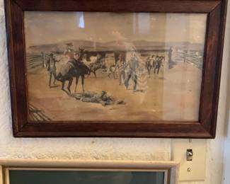 C. M Russell Framed Western Scene Depicting Cowboys and Horses