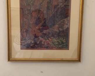 Framed Watercolor Painting of Rocky Landscape Quarry Scene