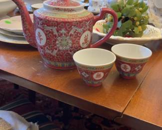 Chinese Red Mun Shou Longevity Porcelain Tea Set - Teapot & 2 Cups