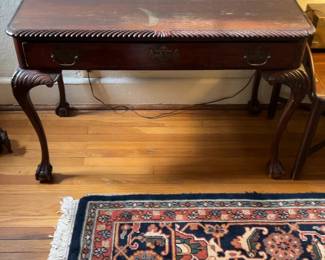 Vintage Dark Wood Chippendale Style Console Table with Ball and Claw Feet