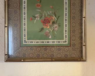 Framed Asian Silk Embroidery Floral Wall Art with Bamboo Style Frame