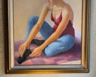 Portrait Painting of Seated Woman in Red Top and Blue Pants