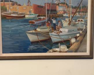 M. Farmer Nautical Harbor Scene Painting with Boats and Fishermen