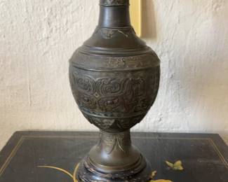Ornate Bronze Table Lamp Base with Etched Details