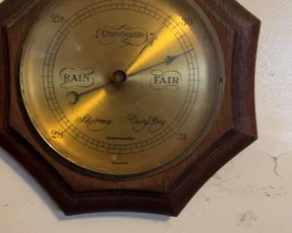 Vintage Octagonal Wooden Wall Barometer with Brass Dial