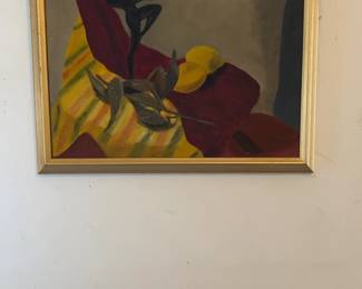 Framed Still Life Painting with Abstract Figure and Fruit