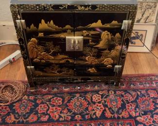 Vintage Black Lacquer Asian-Style Jewelry Box Cabinet