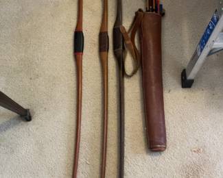 Vintage Bows and Brown Leather Archery Quiver with Arrows