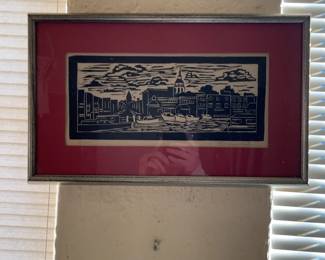 Framed Signed Joan Machinchick Print of Waterfront Harbor Scene