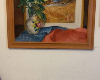 Framed Still Life Oil Painting with Landscape & Potted Plant