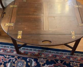 Vintage Oval Wooden Butler Tray Table with Brass Hinges