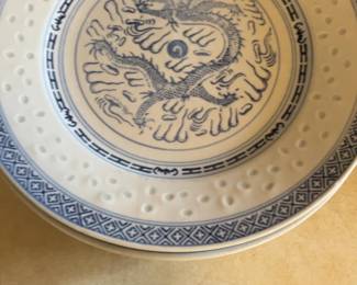 Vintage Chinese Blue & White Porcelain Rice Grain Dragon Plates Set of 9