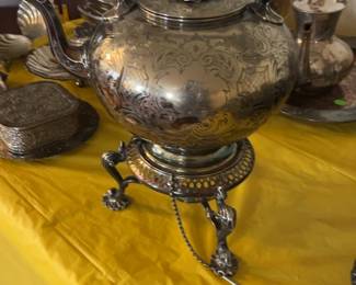 Antique Silver Plated Tilting Tea Kettle with Stand