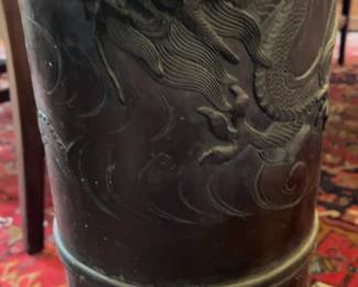 Antique Asian Style Dragon Relief Cylindrical Bronze Vase