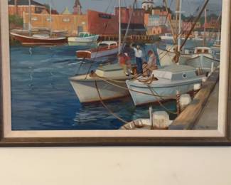 M. Farmer Nautical Harbor Scene Painting with Boats and Fishermen