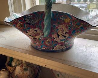 Longwy Pottery Basket With Flowers