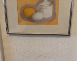 Framed Still Life Gouache or Acrylic Painting of Lemon, Egg, and Lidded Jar
