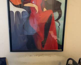 Framed Art Deco Style Painting of Woman in Red Dress
