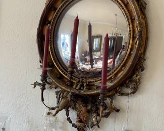Vintage Federal Style Convex Eagle Mirror with Sconces