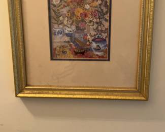 Framed Floral Still Life Print with Chinese Vases in Gold Frame