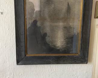 Framed Monochromatic Harbour Scene Sketch with Rustic Wood Frame