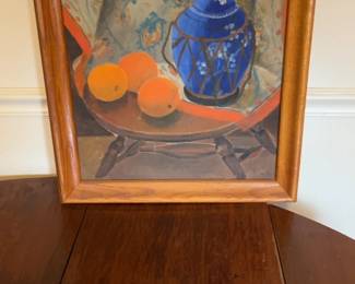 Framed Still Life Painting with Blue Ginger Jar and Oranges