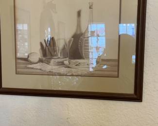 Framed Still Life Sketch with Wine Bottle and Fruit