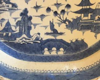 Antique Chinese Export Canton Oval Platter - Chinoiserie Landscape