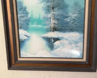 Framed Irene Cafieri Winter Landscape Oil Painting with Snow Covered Trees