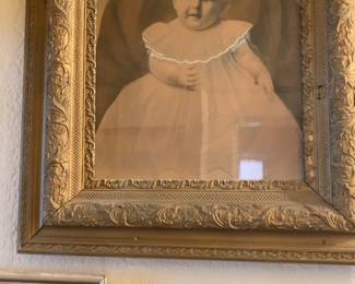 Antique Framed Portrait of a Baby in White Gown