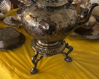 Antique Silver Plated Tilting Tea Kettle with Stand