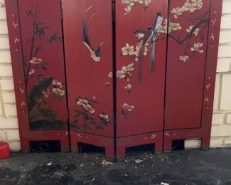Oriental 4-Panel Folding Screen with Hand-Painted Birds and Blossoms