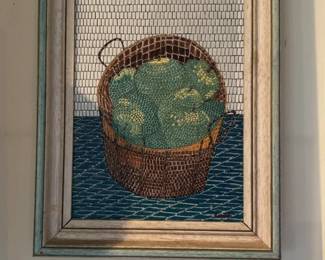 Lucia Kandel Framed Mosaic-Style Still Life Painting of Green Apples in Basket