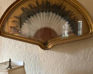 Vintage Framed Feather Fan Shadow Box Wall Art in Gilded Gold Frame