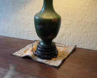 Vintage Green Cloisonné Style Floral Vase Table Lamp