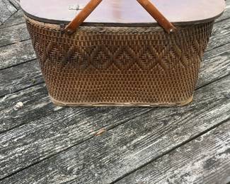 Vintage Woven Picnic Basket with Lid and Handles